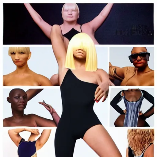 Image similar to sia furler wearing a skin colored leotard full body artistic photoshoot