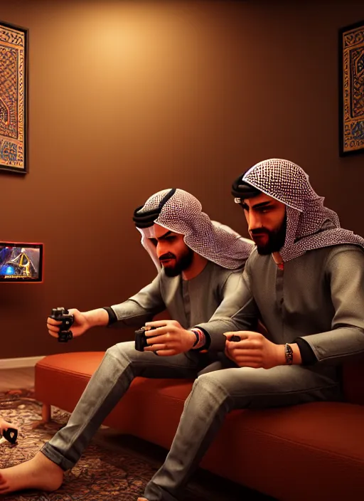 Image similar to portrait, twins playing video games, sheik mohammad ruler of dubai, hyperdetailed illustration by irakli nadar and alexandre ferra, intricate linework, unreal engine 5 highly rendered, global illumination, detailed and intricate environment