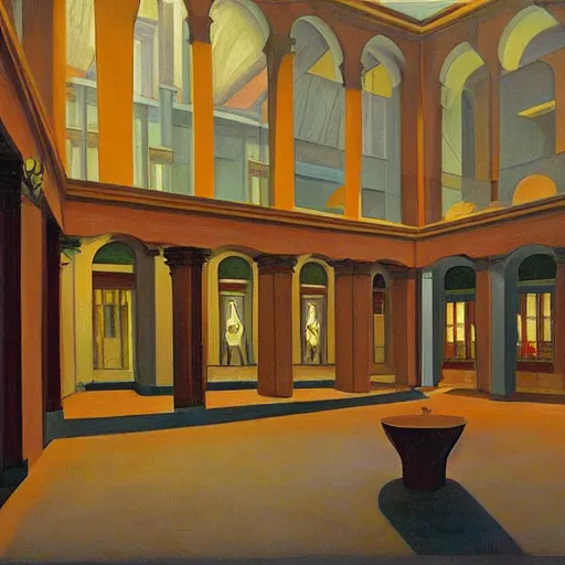 Image similar to grandiose atrium on coruscant, grant wood, pj crook, edward hopper, oil on canvas