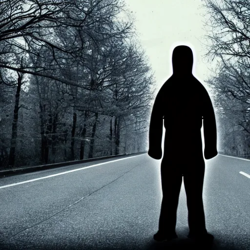 Prompt: a photo of a creepy figure standing in the middle of the road, found footage, dark, scary, 8k, hd