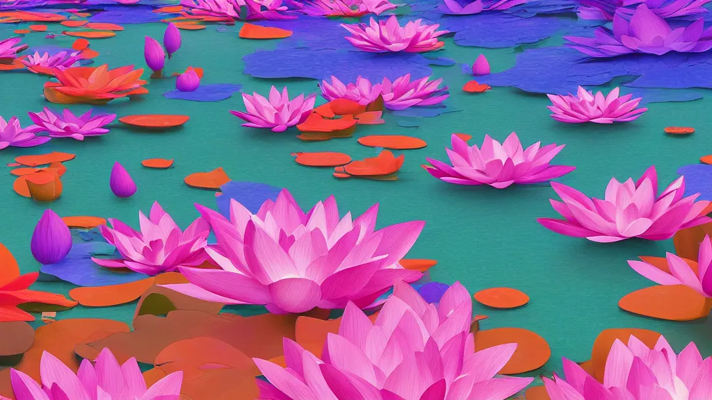 Image similar to digital illustration of a lake full of giant multi - colored lotus flowers by dr. seuss, reimagined by ilm and beeple : 1 | megaflora, spectral color, electric color, rolling hills : 0. 9 | fantasy : 0. 9 | unreal engine, deviantart, artstation, hd, 8 k resolution : 0. 8