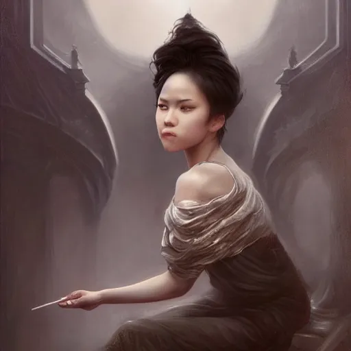 Image similar to like dust, magic gathers in overlooked places, photorealistic portrait of yuja wang in style of tom bagshaw and greg rutkowski. absolutely stunning!, sitting on the palace stairs, symmetrical perfect face, porcelain skin, ultra - detailed, digital art, 8 k