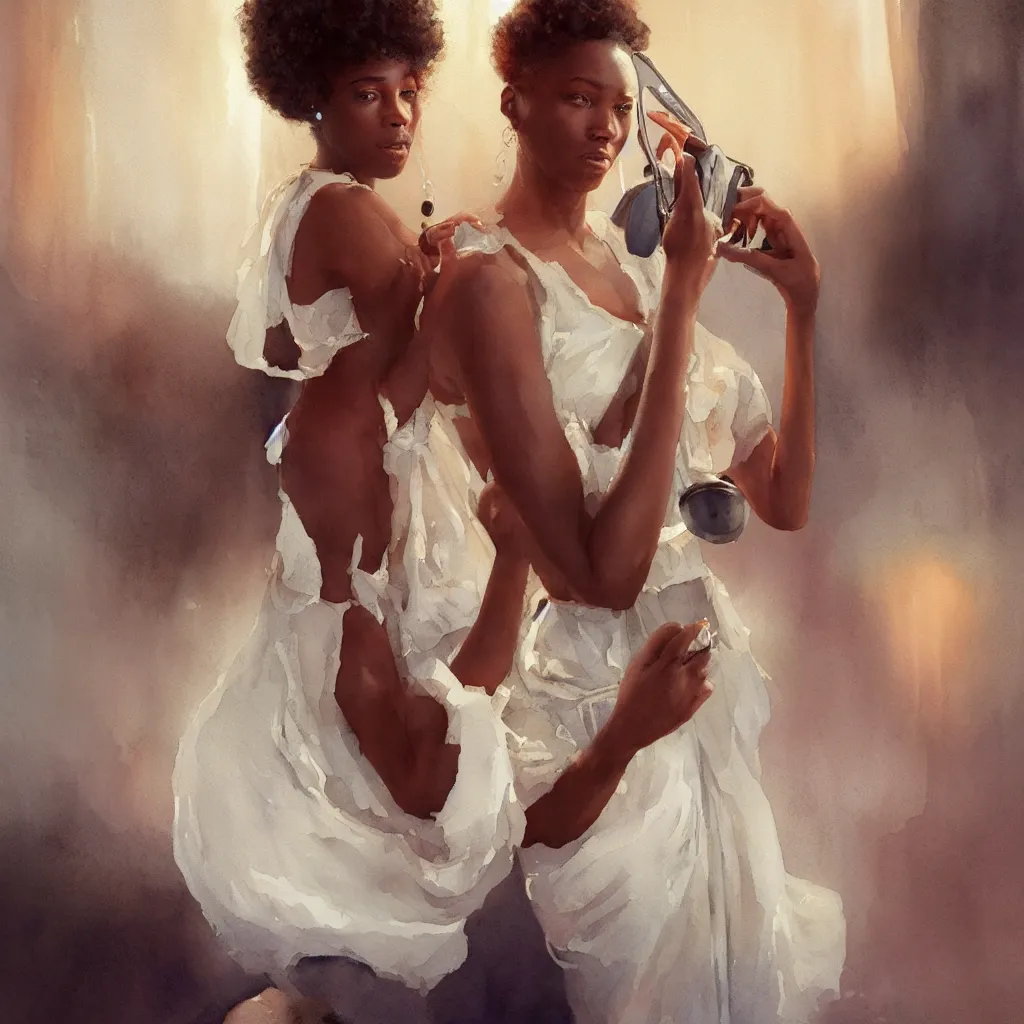 Prompt: a beautiful watercolor painting of a telephone and a young black woman, intricate, elegant, highly detailed, digital painting, artstation, concept art, art by delphin enjolras and george pemba, smooth, sharp focus, dynamic lighting, ultrarealistic, cinematic, octane render, 8 k