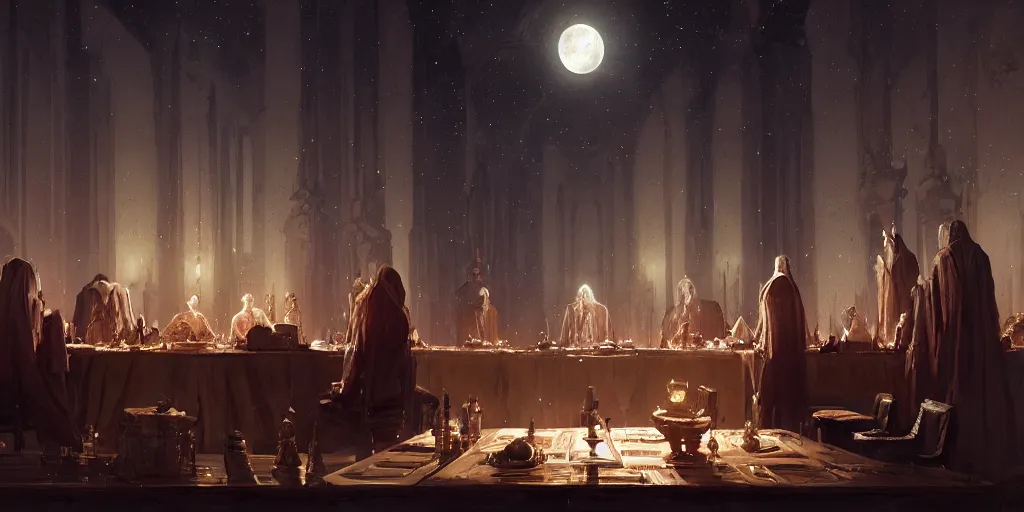 Prompt: A meeting of the council of elders, robed figures sat around a table, beautiful architecture, night time, stars visible, beautiful moon light, concept art, fantasy art, painted by Greg Rutkowski, trending on artstation