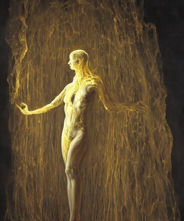 Image similar to Beautiful full-body wax sculpture of glowing transparent woman in glowing cloth with visible gold bones covered with melted white wax inside the singularity where stars becoming baroque folds of dark matter by Michelangelo da Caravaggio, Nicola Samori, William Blake, Alex Grey and Beksinski, dramatic volumetric lighting, highly detailed oil painting, 8k, masterpiece