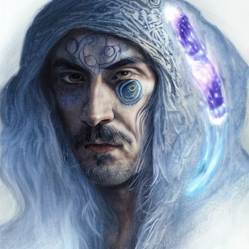 Image similar to an Artstation 3d render of Very very very very highly detailed beautiful mystic portrait of a phantom sorcerer with galaxy, tattoos by Anton Pieck, intricate, extremely detailed, digital painting, artstation, concept art, smooth, sharp focus, illustration, intimidating lighting, incredible art,