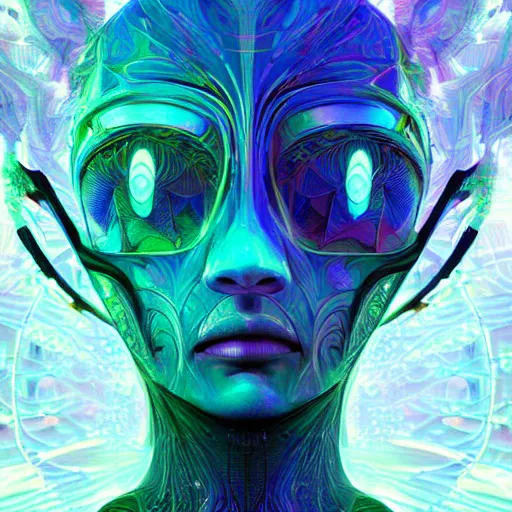 Image similar to Face of a Alien Deity, centered, corals, plume made of geometry, extremly detailed digital painting, sharp focus in the style of android jones, artwork of a futuristic artificial intelligence superstar with frames made of detailed circuits, mystical colors, rim light, beautiful lighting, 8k, stunning scene, raytracing, octane, under water visual distortion, dark tones colors, trending on artstation