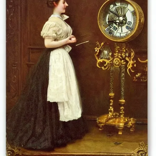 Prompt: young victorian lady curiously examining a mechanical clock, painted by alfred stevens