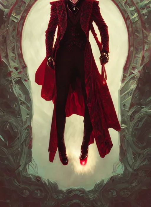 Image similar to portrait of tom hiddleston as a vampire lord, crimson peek, jewelry, greek, emerald, intricate, headshot, highly detailed, digital painting, artstation, concept art, sharp focus, cinematic lighting, illustration, art by artgerm and greg rutkowski, alphonse mucha, cgsociety