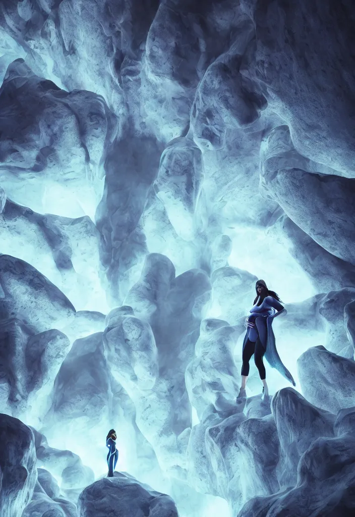 Image similar to epic leader pregnant woman talking to all her tribe with futuristic fluorescence mutant veins, proud people looking at the pregnant woman, ice cave, facinating, fantasy digital art, octane render, beautiful composition, trending on artstation, coherent, masterpiece