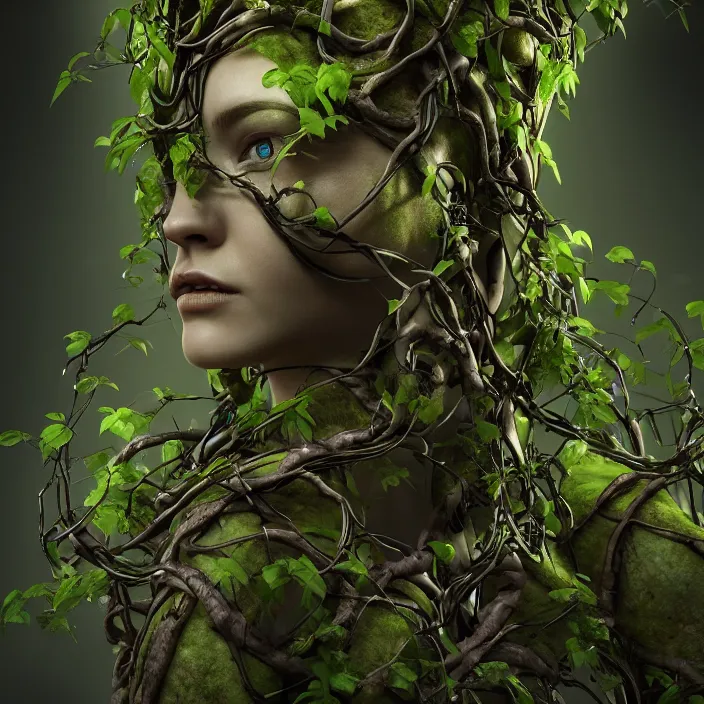 Image similar to female cyborg dryad standing, entwined by vines and roots, dark forest, surreal, light shining through, hyper - realistic, highly detailed, sharp focus, smooth, intricate, octane render