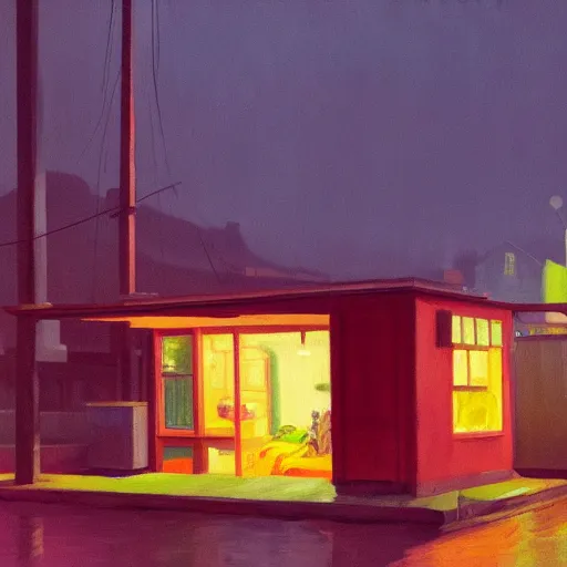 Image similar to a photorealistic digital rendering of a rain soaked shanty town at night by Edward Hopper and James Gilleard, oil painting