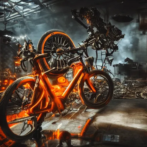 Prompt: bicycle mecha, dark messy smoke - filled cluttered workshop, dark, dramatic lighting, orange tint, cinematic, highly detailed, sci - fi, futuristic, movie still