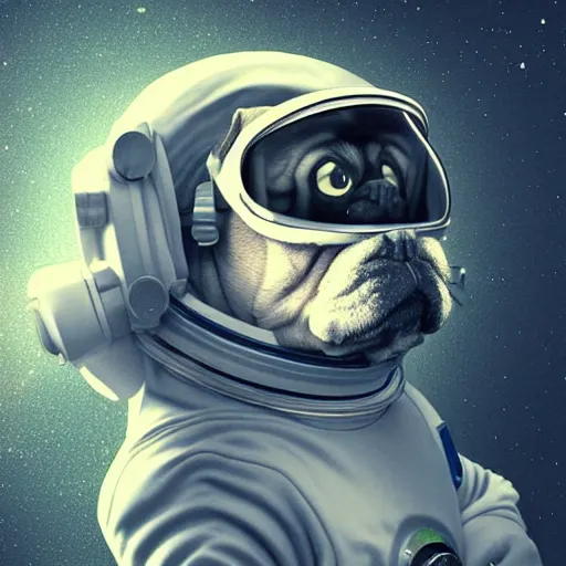 Prompt: An astronaut watching an adorable Pug, digital art, trending on artstation, HDR