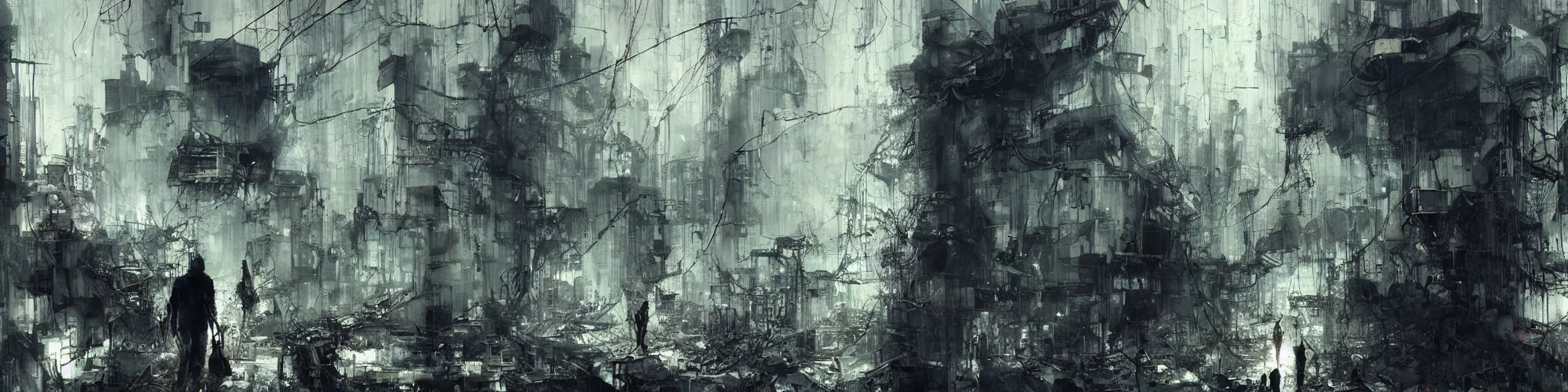 Image similar to lost and alone in an industrial wasteland screaming cyberpunk, wires, machines by emil melmoth zdzislaw belsinki craig mullins yoji shinkawa realistic render ominous detailed photo atmospheric by jeremy mann francis bacon and agnes cecile ink drips paint smears digital glitches glitchart