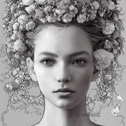 Image similar to the portrait of an absurdly beautiful, graceful, elegant, sophisticated, fashionable woman made of strawberries and white petals looking down, an ultrafine hyperdetailed illustration by kim jung gi, irakli nadar, intricate linework, bright colors, octopath traveler, final fantasy, unreal engine 5 highly rendered, global illumination, radiant light, detailed and intricate environment