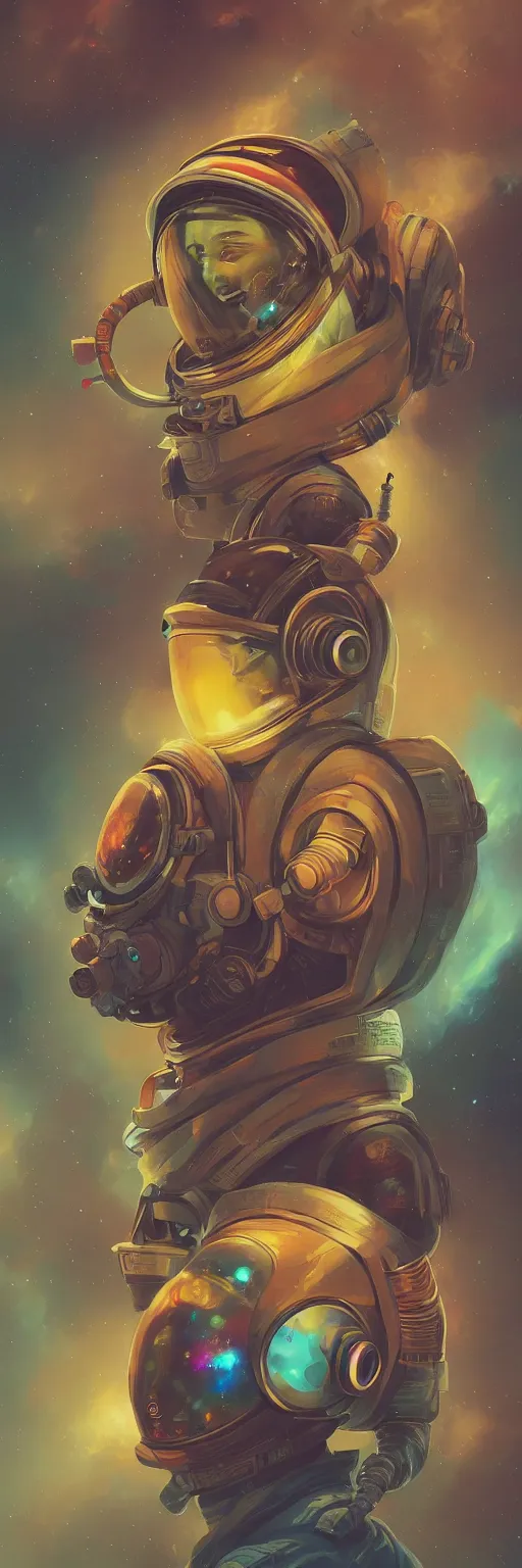 Image similar to a poster design of a cyberpunk astronaut wearing headphones in space, universe, cyberpunk, warm color, Highly detailed labeled, poster, peter mohrbacher, featured on Artstation