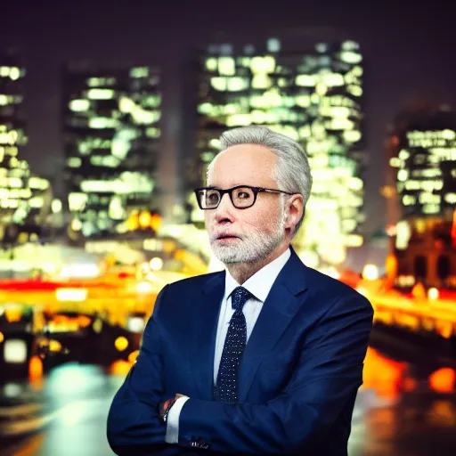 Image similar to a still of Wolf Blitzer . Shallow depth of field. City at night in background, lights, colors ,studio lighting, mood, 4K. Profession photography