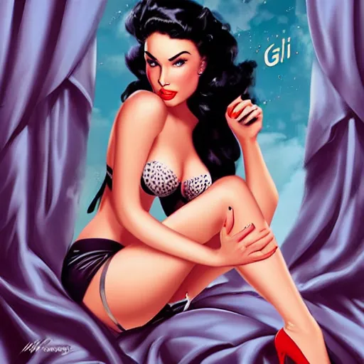 Image similar to a pinup illustration of megan fox in the style of gil elvgren and in the style of charlie bowater.