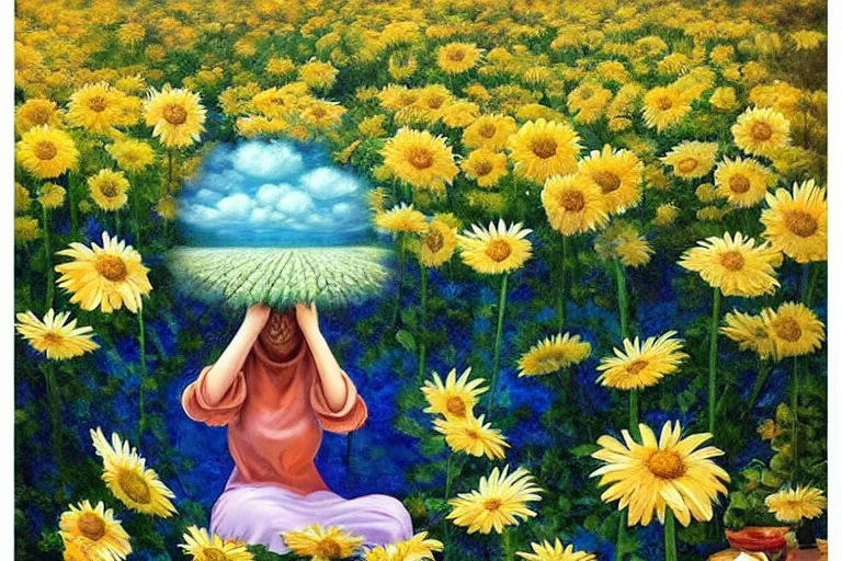 Image similar to giant daisy flower head, woman sitting, surreal, clouds in sky, impressionist painting, digital painting, artstation, rob gonsalves