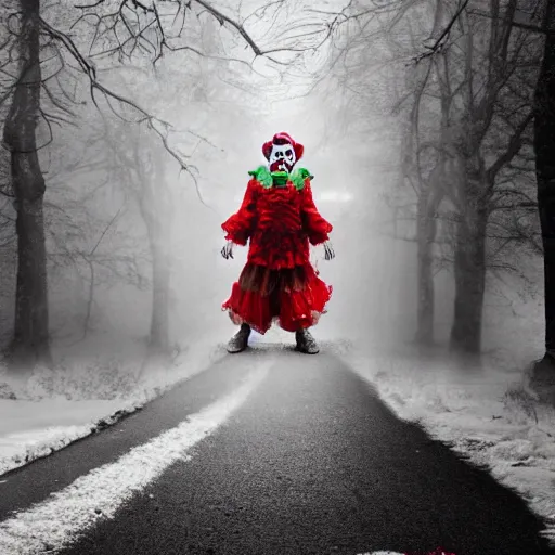 Image similar to scary clown stands in the street in winter, high quality, digital art, 8K, HD, photorealistic, realistic,