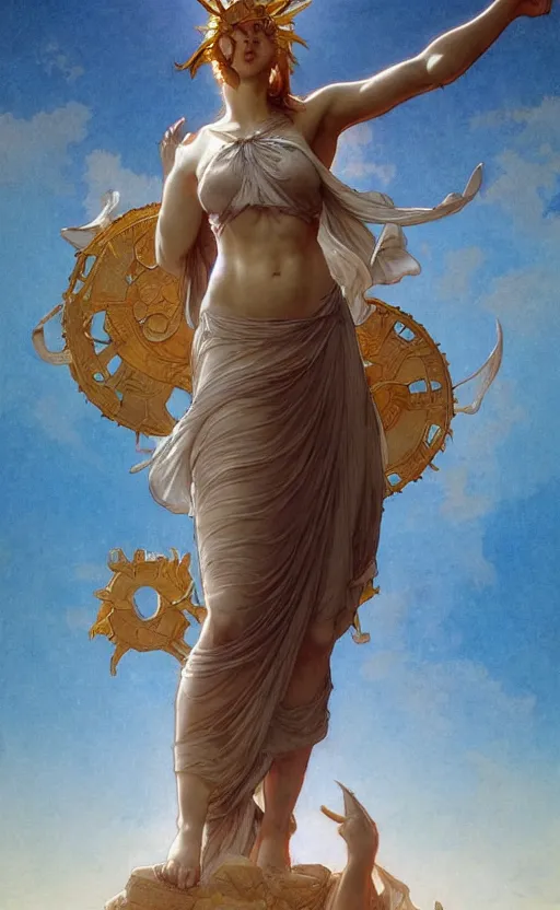 Image similar to solarpunk four armed statue of the goddess of the sun helios descending from olympus, artstation, concept art, smooth, sharp focus, illustration, art by artgerm and greg rutkowski and alphonse mucha and william adolphe bouguereau and john william waterhouse and gianlorenzo bernini