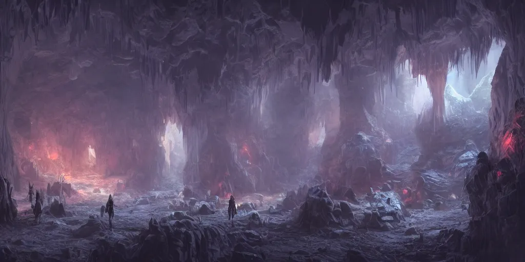 Image similar to fantasy matte painting of a cave with glowing crystals on the walls and piles of bones on the floor, fantasy, sharp focus, artstation