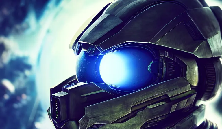 Image similar to cyberpunk halo helmet on space, planet behind, close shot, reflection, epic, dramatic, cinematic, award winning, ultra detailed, realistic, 8k,