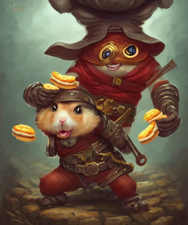 Image similar to a single anthropomorphic hamster ninja eating a hamburger, ninja outfit, standing in a buddhist temple, cute and adorable, dnd character art portrait, matte fantasy painting, deviantart artstation, by jason felix by steve argyle by tyler jacobson by peter mohrbacher, cinematic lighting