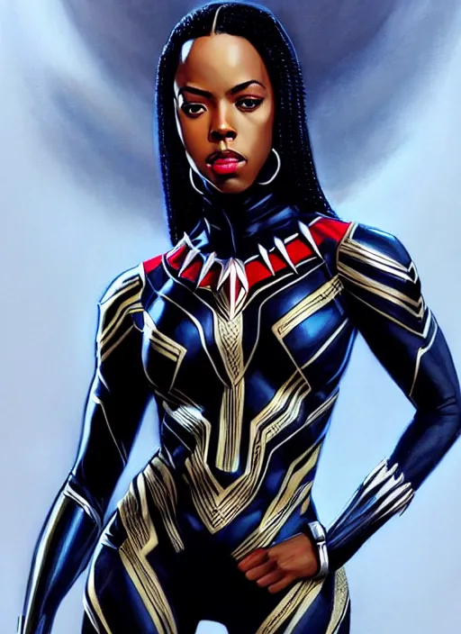 Image similar to full body portrait of marvel cinematic universe aaliyah haughton, black panther, elegant, wakanda, super hero, black outfit, highly detailed!! digital painting, artstation, glamor pose, concept art, sharp focus, illustration, art by artgerm and greg rutkowski, artey freytag