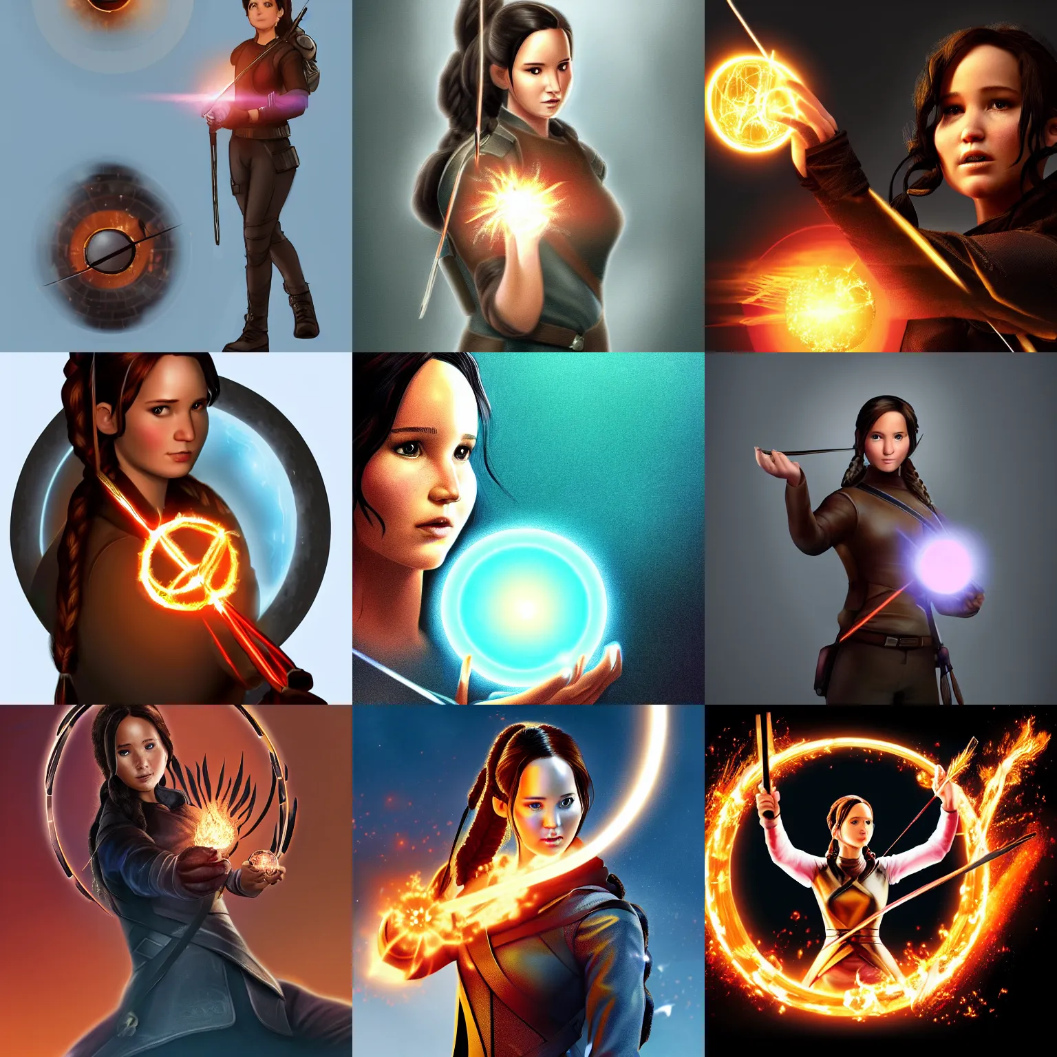 Prompt: Digital art of Katniss Everdeen holding a magical glowing orb in her hand, award winning, trending on ArtStation