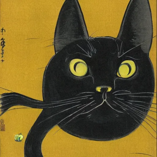 Prompt: a black cat with yellow eyes looking at a cornered mouse by tsuguharu foujita