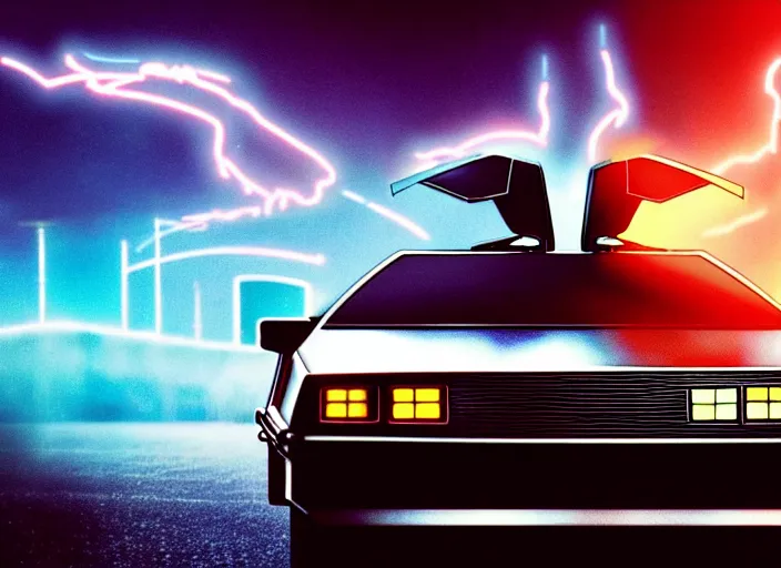 Image similar to back to the future, delorean, knight rider, daft punk, movie picture, synthwave style, tron legacy style