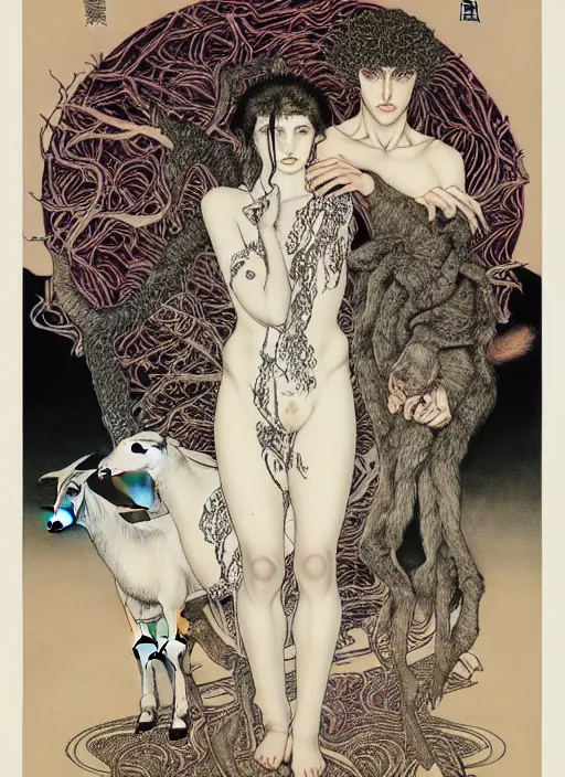 Image similar to boy, girl and a goat, by austin osman spare and Takato Yamamoto and Vania Zouravliov, high resolution