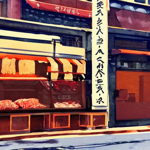 Image similar to Tokyo storefront facade watercolors Yamane meat shop from Nippori district in the style Mateusz Urbanowicz,Albert Kiefer, digital art painting artstation global illumination GI AAA SSS