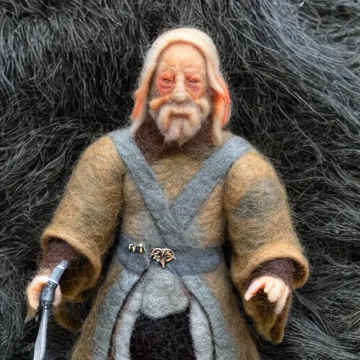 Image similar to needle felted king theoden from the return of the king (2003), highly detailed, tilt shift, eerie!, hyperrealism, highly textured, god rays