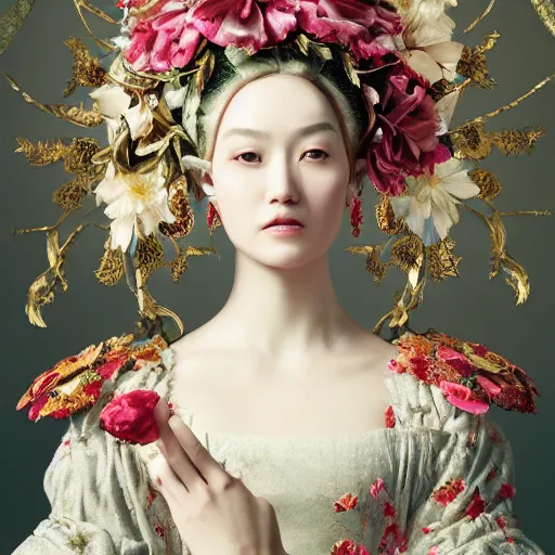 Image similar to an empress portrait, with a brilliant impossible striking big flower headpiece, clothes made entirely out of flowers, rococo, baroque, vogue, rim light, asian, epic art, realistic, wlop style, insane detail, octane render, 8k, fantasy, diva