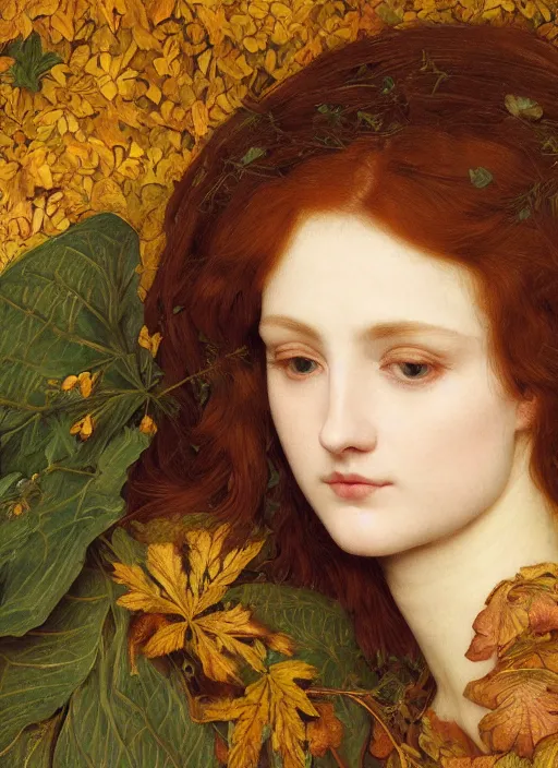 Image similar to masterpiece beautiful seductive flowing curves preraphaelite face portrait amongst leaves, extreme close up shot, straight bangs, thick set features, yellow ochre ornate medieval dress, laying amongst foliage mushroom forest circle arch, frederic leighton and kilian eng and rosetti, 4 k