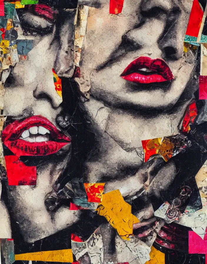 Prompt: passionate lips of our youth detailed and highly reliefed analogue collage with canvas texture in style of conteporary art, punk art, dadaism, photorealistic, expressionism, masterpiece, balanced composition, light colors, spectacular quality, intricate oil details