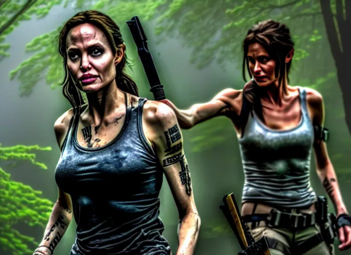 Image similar to film still of!!!! angelina jolie!!! as lara croft in new tomb raider movie, 8 k