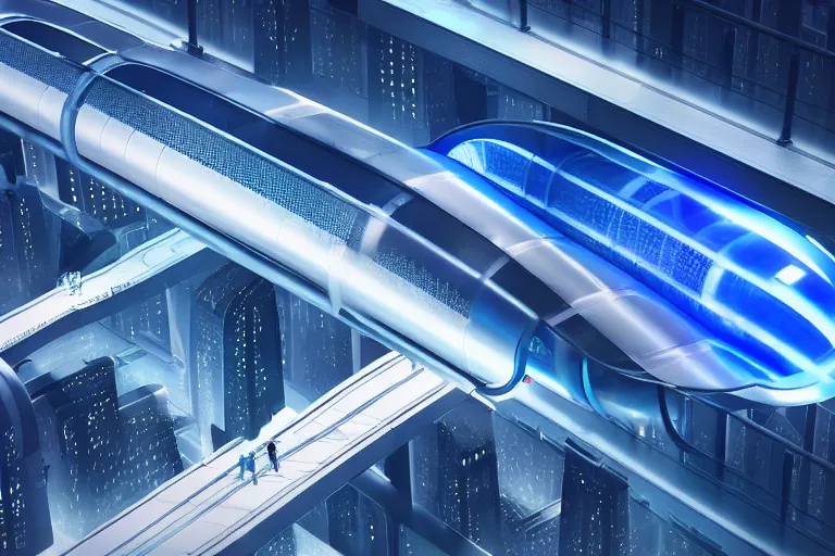 Prompt: futuristic city with dark blue transparent plastic hyperloop underneath city