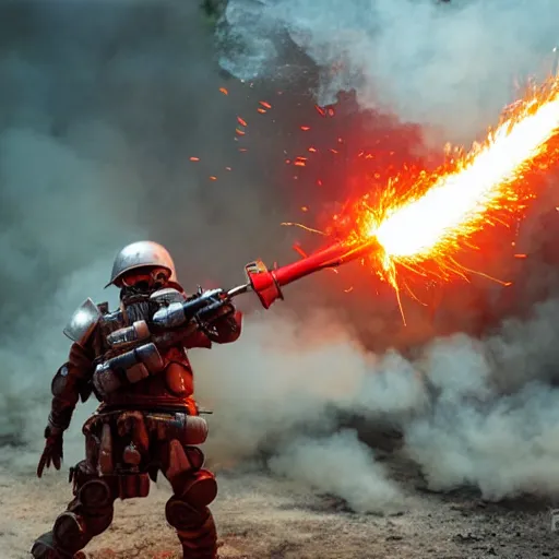 Image similar to angry man in juggernaut armor burning a desktop tower pc with a military flamethrower