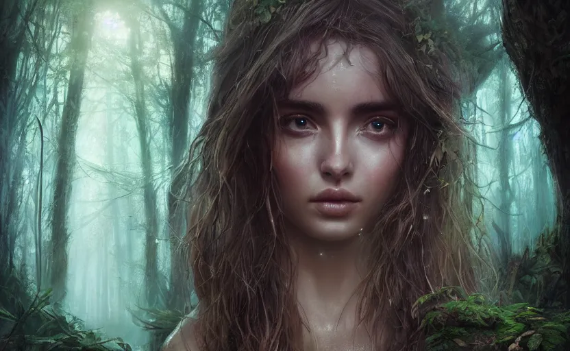 Prompt: a forest nymph in an ancient bioluminescent forest, ana de armas, flawless symmetrical pretty cute face, greg rutkowski, 8 k, shallow depth of field, intricate detail, concept art,