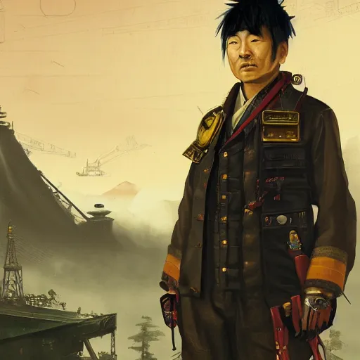 Prompt: Portrait of a japanese man wearing a steampunk engineer outfit in a grand theft auto 5 loading screen , art by Albert Bierstadt and James Gurney, highly detailed, digital painting, matte painting, concept art, illustration, oppressive lighting, trending on artstation, very detailed