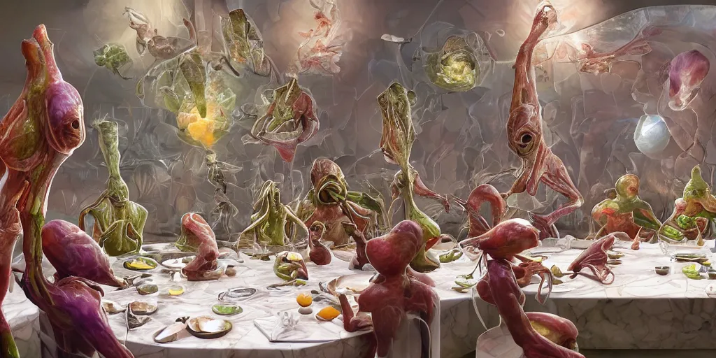 Prompt: !view from the kitchen, chefs cooking, in the background we see 13 diverse aliens enjoying a rich salad around a marble table, !positioned as last supper cinematic lighting, crystals and diamonds, fantasy, surreal, floating, highly detalied, 4k, artstation, by Wayne Barlowe