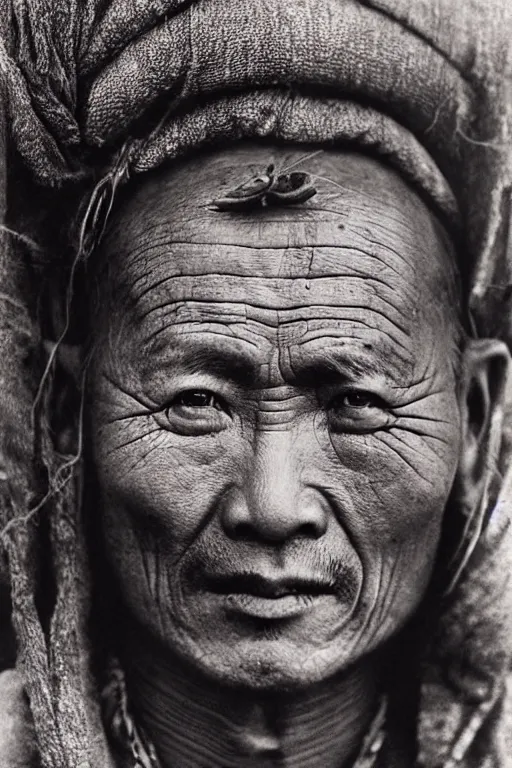 Prompt: ultra realistic vintage photo portrait of a tibetan man with a deep hole on the middle of his forehead, by Annie Leibovitz,