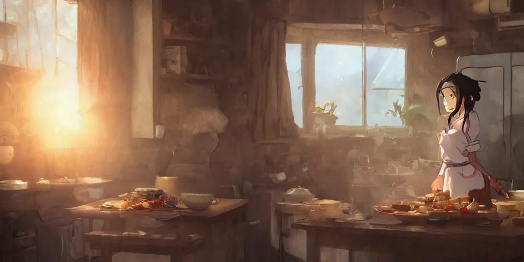 Image similar to a girl makes breakfast in her house, close up shot from the side, anime art, Greg Rutkowski, studio ghibli, dramatic lighting