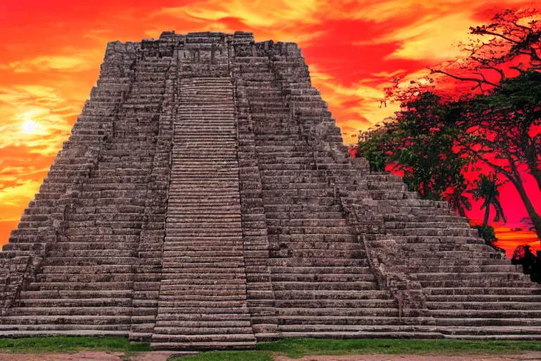 Image similar to ornate detailed aztec temple, flowing blood down steps, jungle setting, red sunset sky