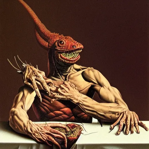 Image similar to portrait of a lizard man removing human skin. Artwork by Caravaggio and by Wayne Barlowe by alexander gierymski