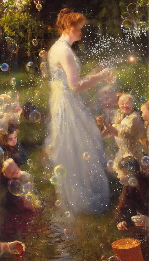 Image similar to painting of midsummer party with bubbles, by Peder Krøyer, dramatic lighting, volumetric lighting, golden hour, epic, intricate detail, canvas print